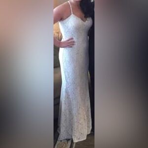 White lace prom dress with pearl/rhinestone neckline and straps